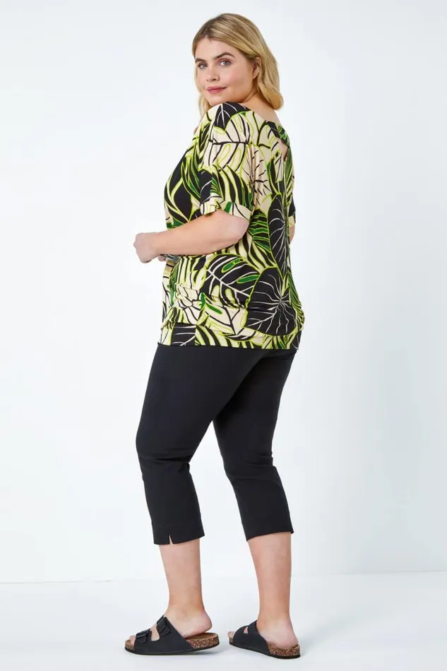 Lime Curve Leaf Print VNeck Blouson Stretch Top Women Roman Tops