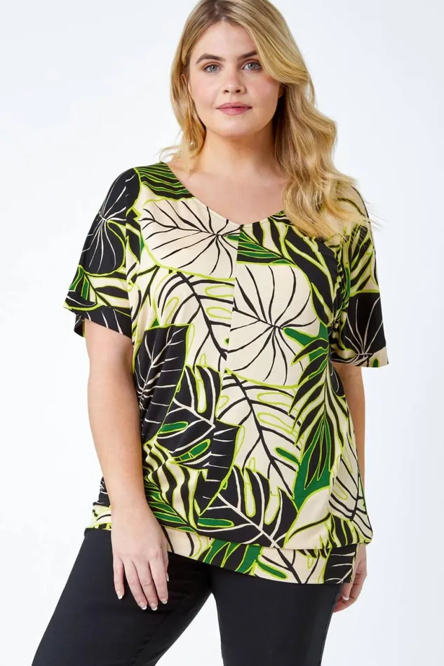 Lime Curve Leaf Print VNeck Blouson Stretch Top Women Roman Tops