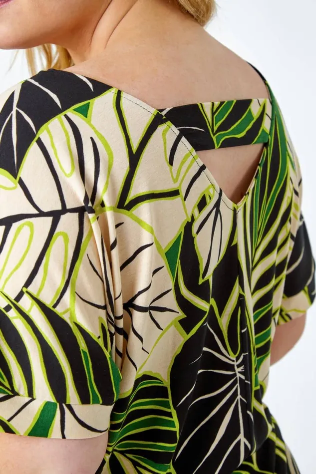 Lime Curve Leaf Print VNeck Blouson Stretch Top Women Roman Tops
