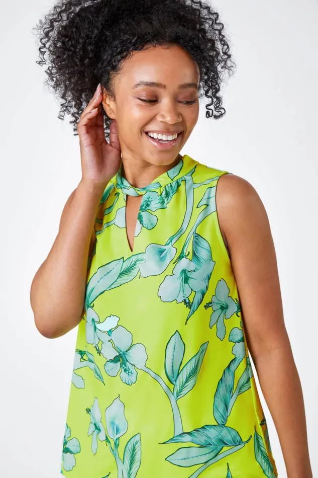 Lime Petite Floral Twist Neck Top Women Roman Tops