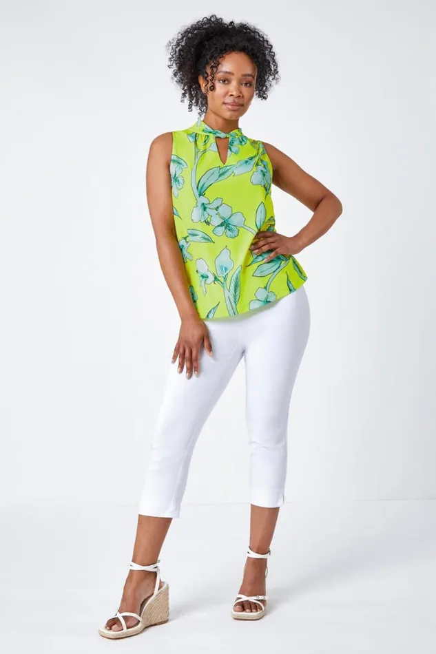Lime Petite Floral Twist Neck Top Women Roman Tops