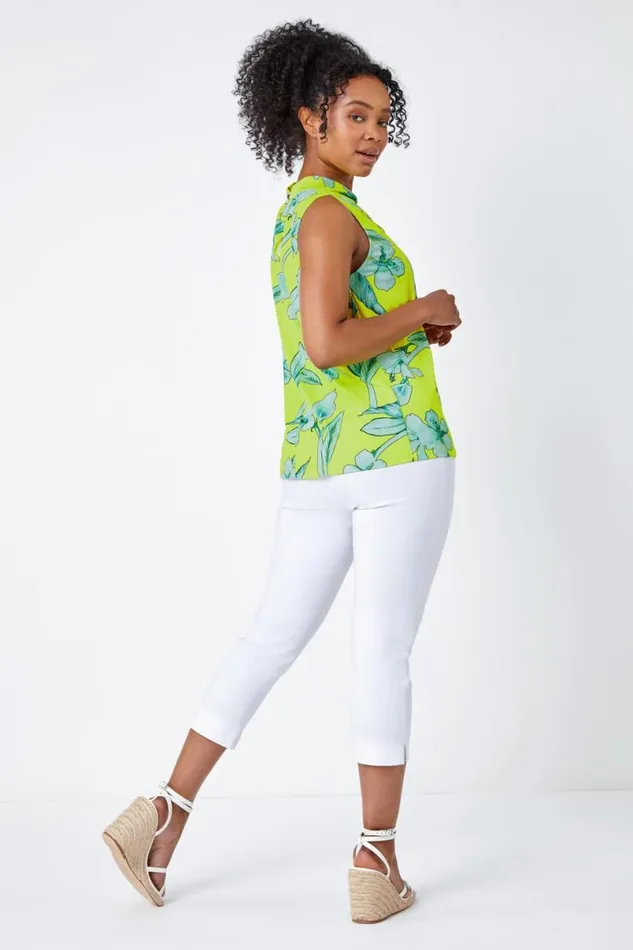 Lime Petite Floral Twist Neck Top Women Roman Tops