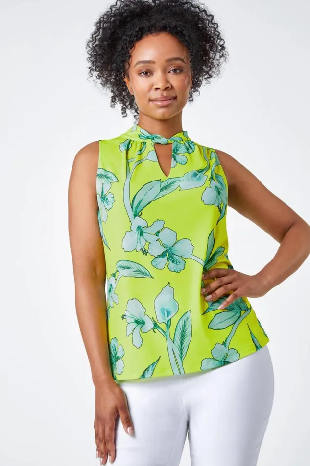 Lime Petite Floral Twist Neck Top Women Roman Tops