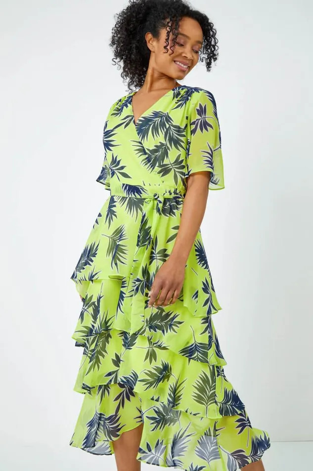 Lime Petite Tropical Chiffon Tiered Midi Dress Women Roman Dresses
