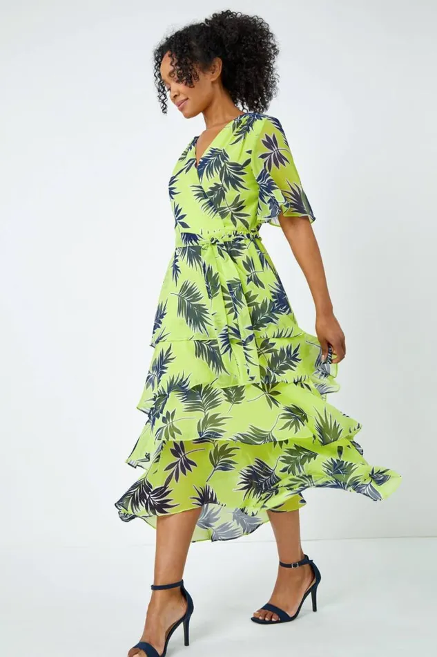 Lime Petite Tropical Chiffon Tiered Midi Dress Women Roman Dresses