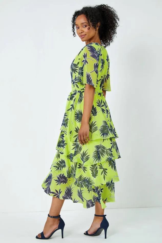 Lime Petite Tropical Chiffon Tiered Midi Dress Women Roman Dresses
