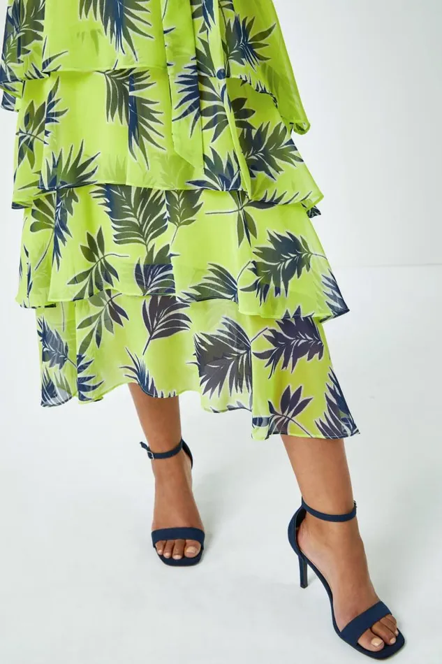 Lime Petite Tropical Chiffon Tiered Midi Dress Women Roman Dresses