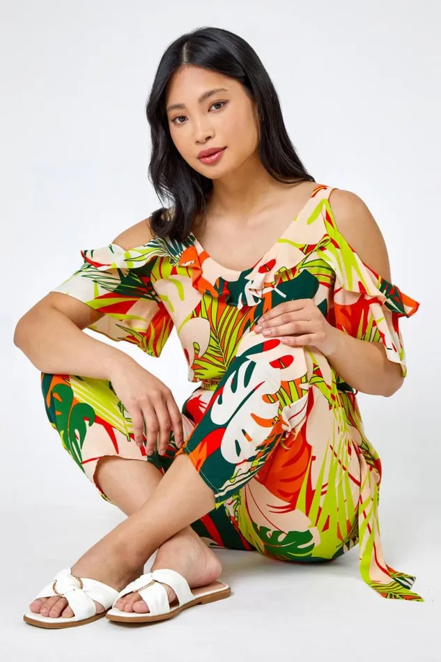 Lime Petite Tropical Print Frill Jumpsuit Women Roman Jumpsuits and Playsuits