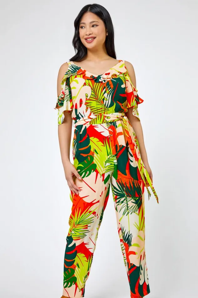 Lime Petite Tropical Print Frill Jumpsuit Women Roman Jumpsuits and Playsuits