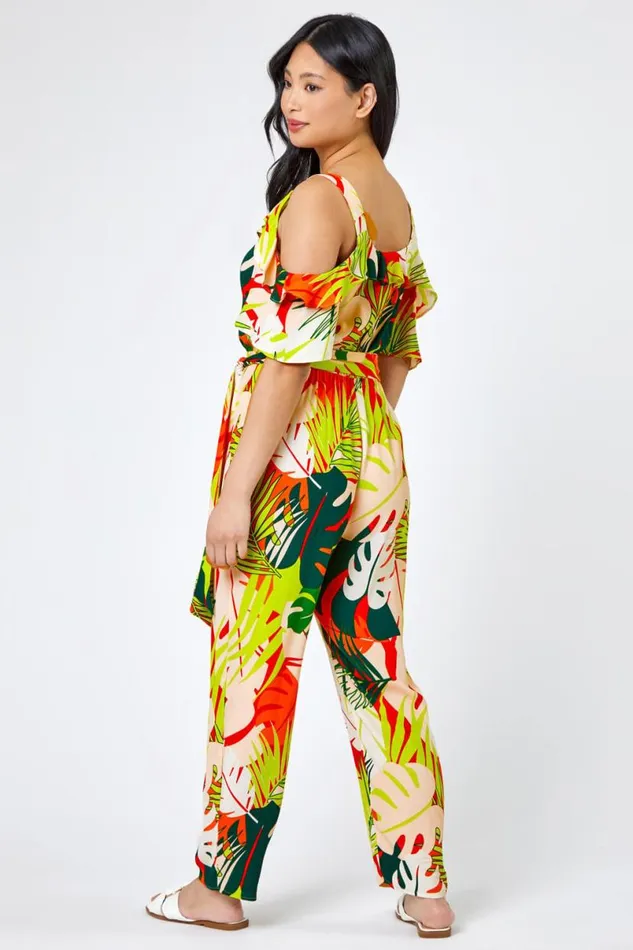 Lime Petite Tropical Print Frill Jumpsuit Women Roman Jumpsuits and Playsuits