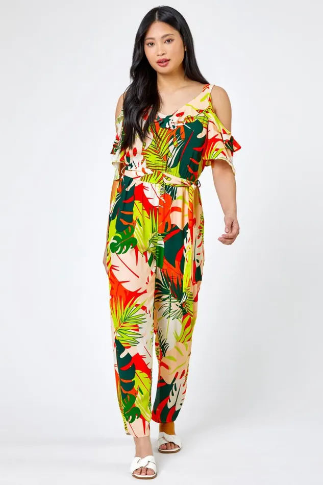 Lime Petite Tropical Print Frill Jumpsuit Women Roman Jumpsuits and Playsuits