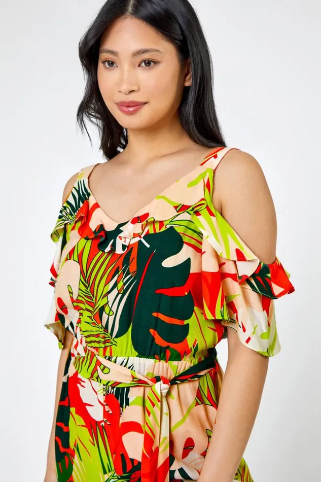 Lime Petite Tropical Print Frill Jumpsuit Women Roman Jumpsuits and Playsuits