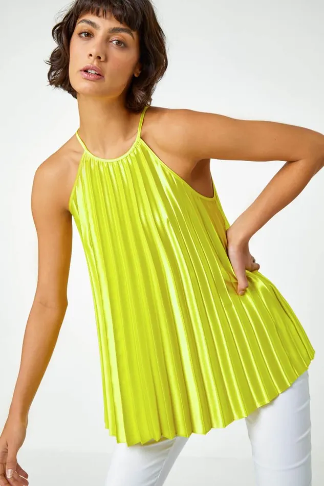 Lime Pleated Halter Neck Top Women Roman Tops