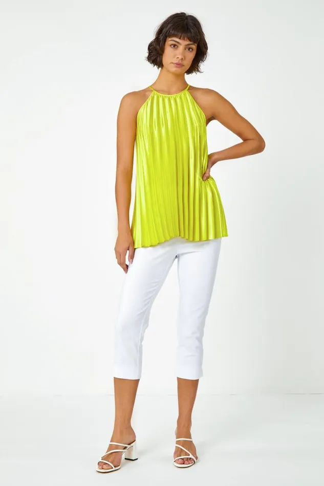 Lime Pleated Halter Neck Top Women Roman Tops