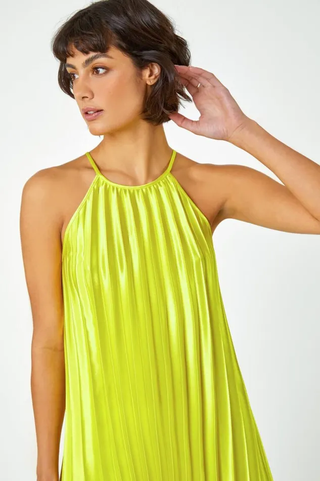 Lime Pleated Halter Neck Top Women Roman Tops