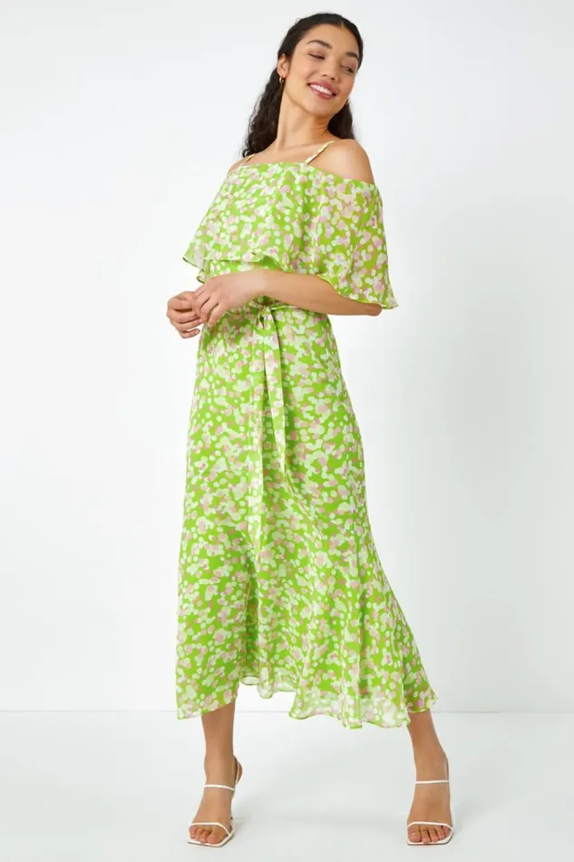 Lime Spot Print Overlay Chiffon Maxi Dress Women Roman Dresses