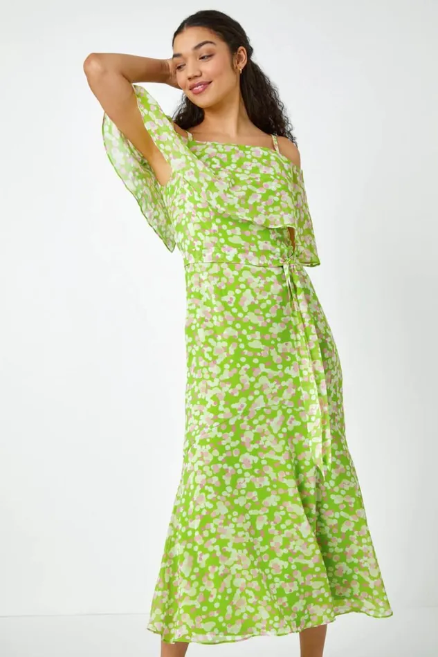 Lime Spot Print Overlay Chiffon Maxi Dress Women Roman Dresses