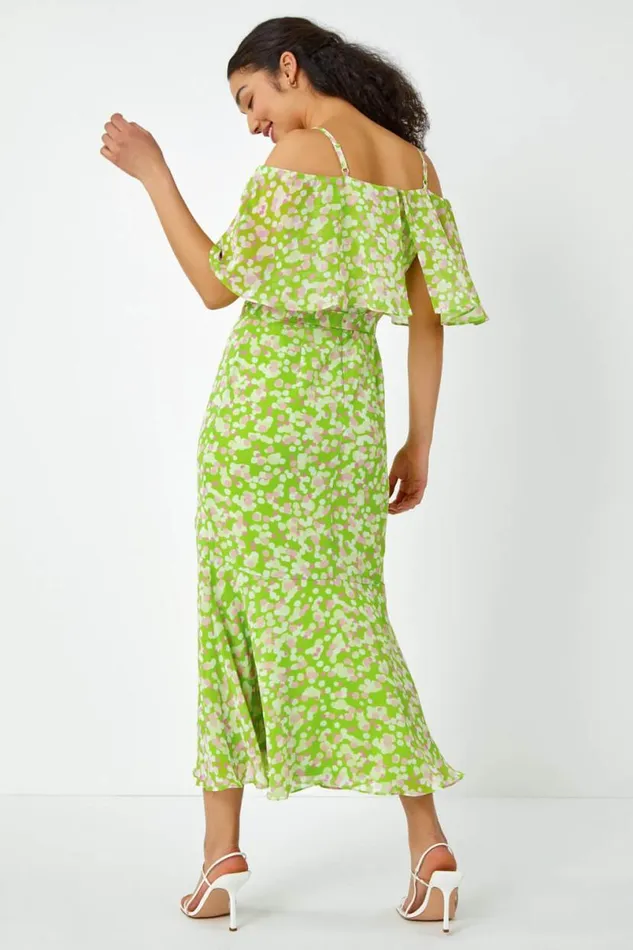 Lime Spot Print Overlay Chiffon Maxi Dress Women Roman Dresses