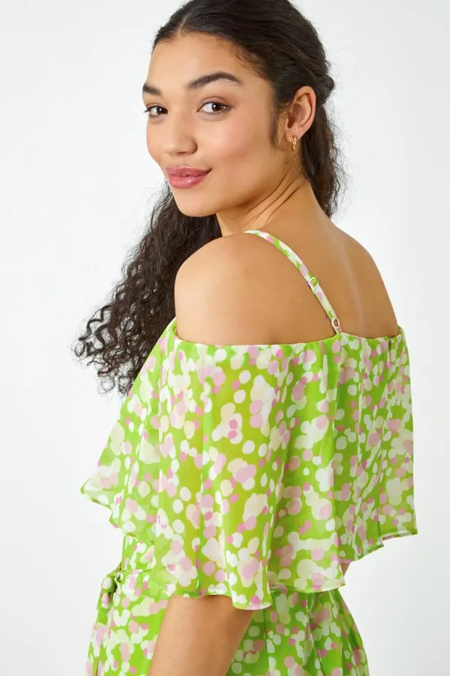 Lime Spot Print Overlay Chiffon Maxi Dress Women Roman Dresses