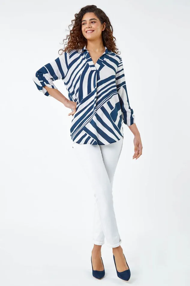 Linear Print VNeck Pleat Front Tunic Top Women Roman Tops