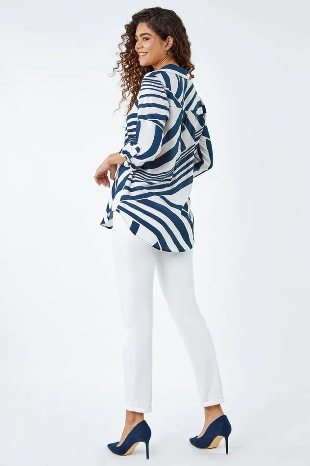 Linear Print VNeck Pleat Front Tunic Top Women Roman Tops