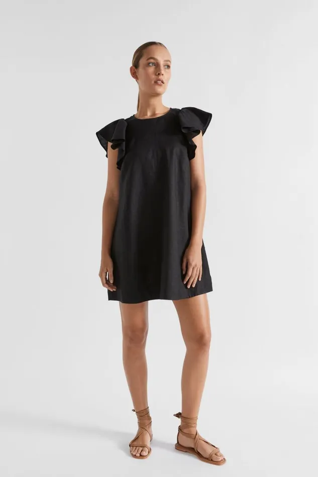 Linen Woman Seed Heritage Core Linen Frill Sleeve Mini Dress Black