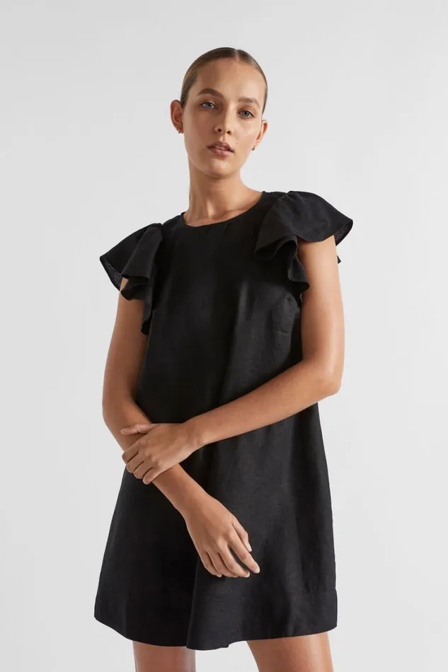 Linen Woman Seed Heritage Core Linen Frill Sleeve Mini Dress Black