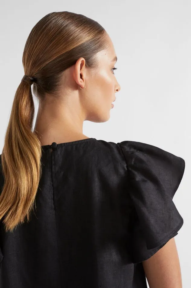 Linen Woman Seed Heritage Core Linen Frill Sleeve Mini Dress Black