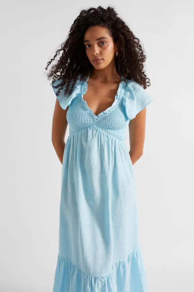 Linen Woman Seed Heritage Linen Frill Sleeve Dress Shimmer Blue Crossdye
