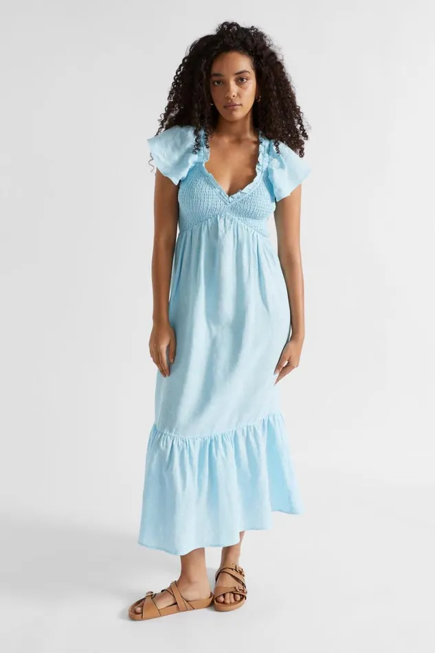 Linen Woman Seed Heritage Linen Frill Sleeve Dress Shimmer Blue Crossdye