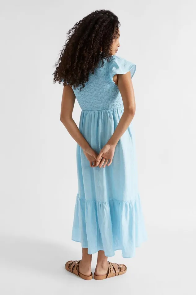 Linen Woman Seed Heritage Linen Frill Sleeve Dress Shimmer Blue Crossdye