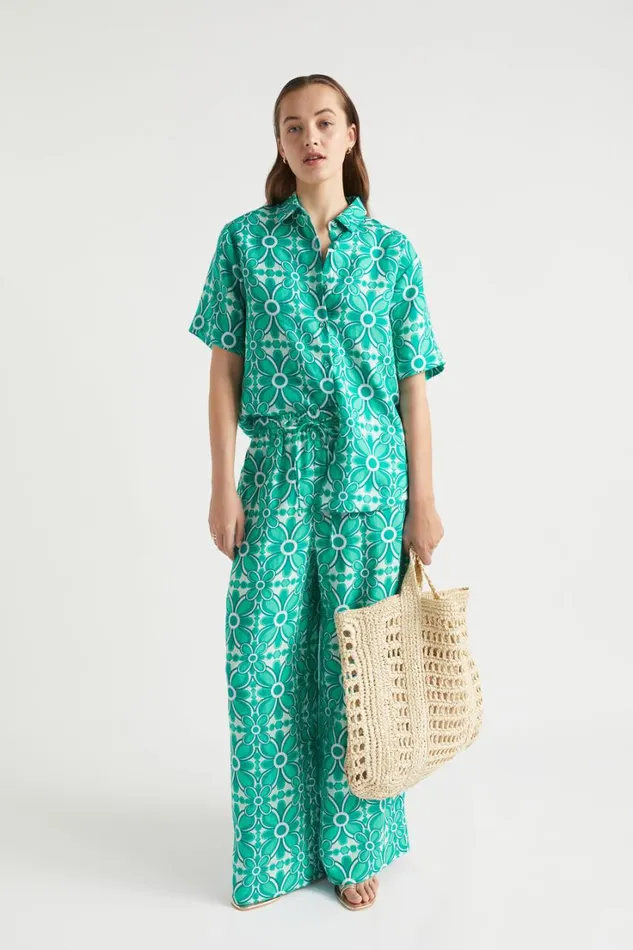 Linen Woman Seed Heritage Linen Retro Short Sleeve Shirt Jade Green Retro