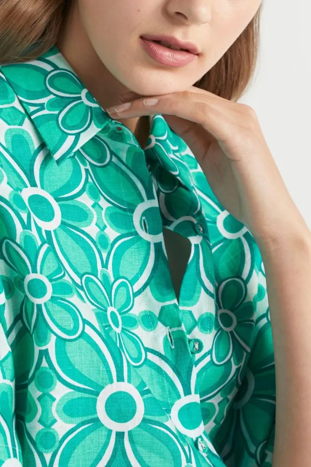 Linen Woman Seed Heritage Linen Retro Short Sleeve Shirt Jade Green Retro