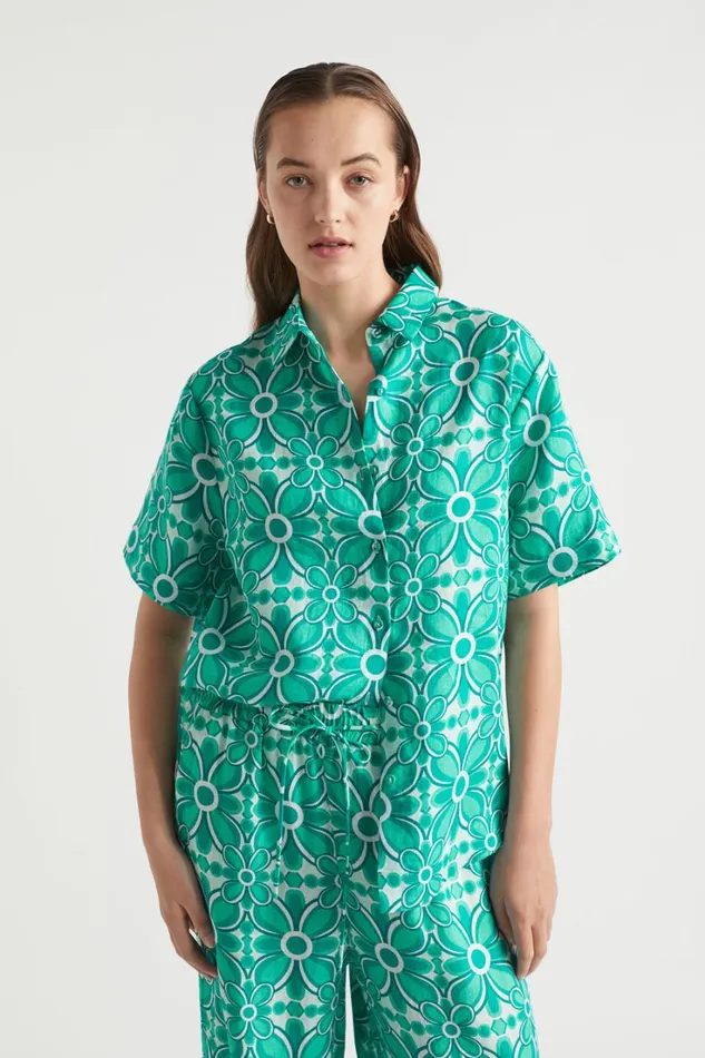 Linen Woman Seed Heritage Linen Retro Short Sleeve Shirt Jade Green Retro