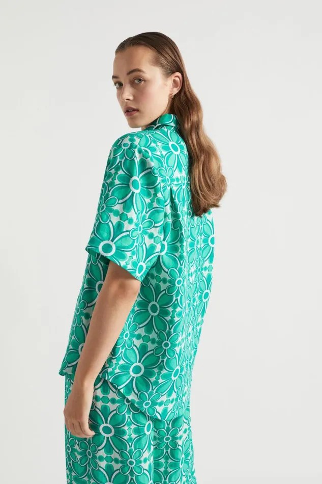 Linen Woman Seed Heritage Linen Retro Short Sleeve Shirt Jade Green Retro