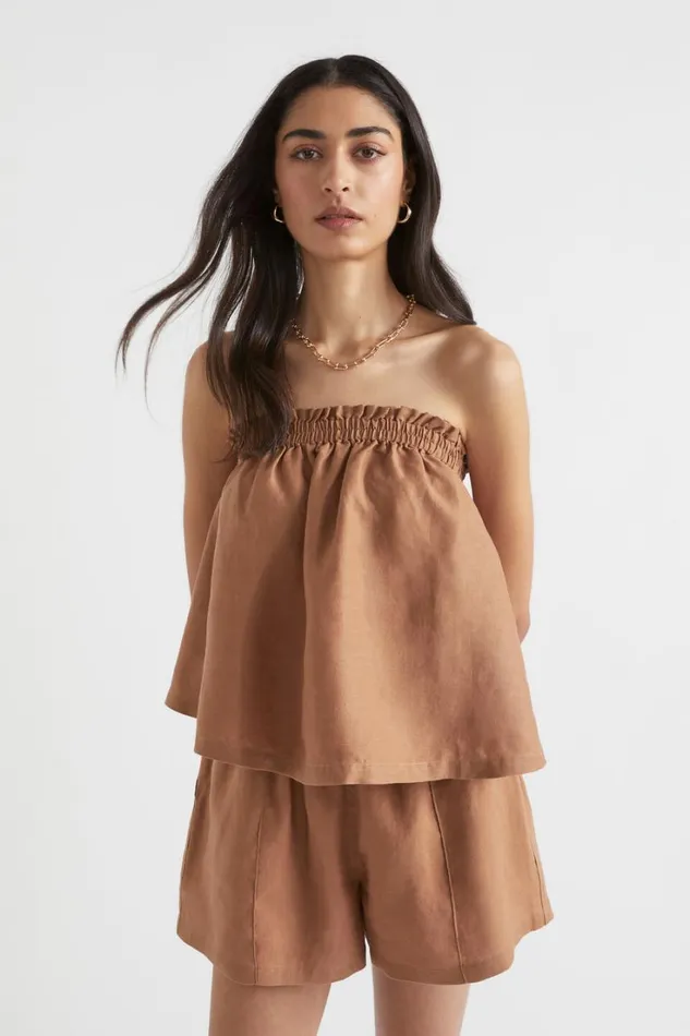 Linen Woman Seed Heritage Linen Strapless Top Auburn Brown