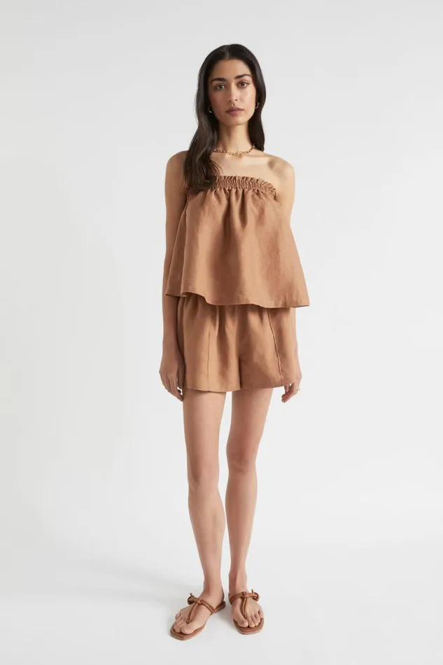 Linen Woman Seed Heritage Linen Strapless Top Auburn Brown