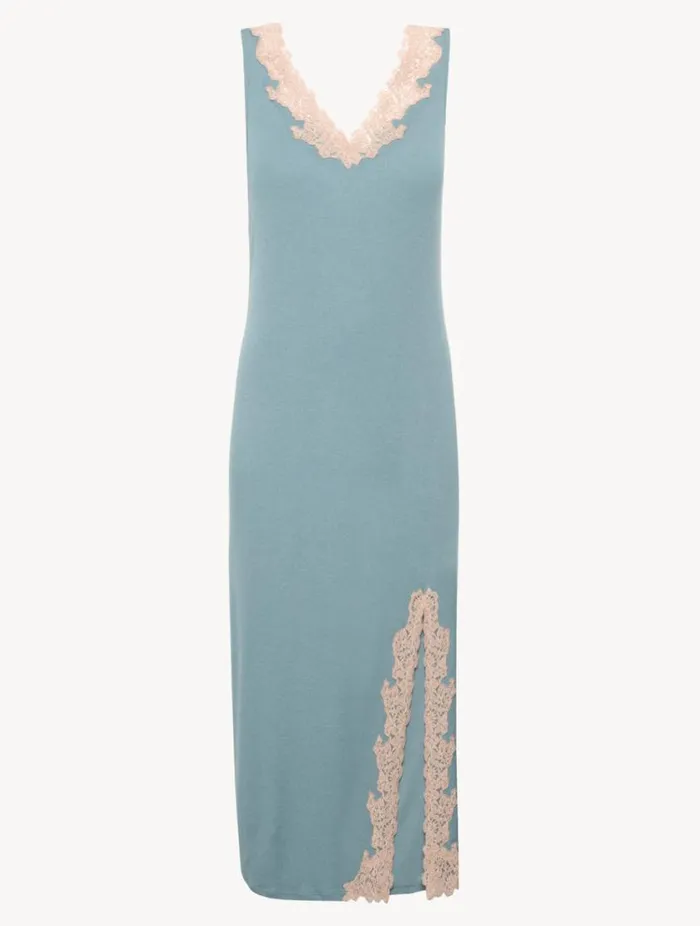 Long Cashmere Blend Ribbed Nightgown In Sleepy Dream With Frastaglio Sleepwear La Perla Pajamas