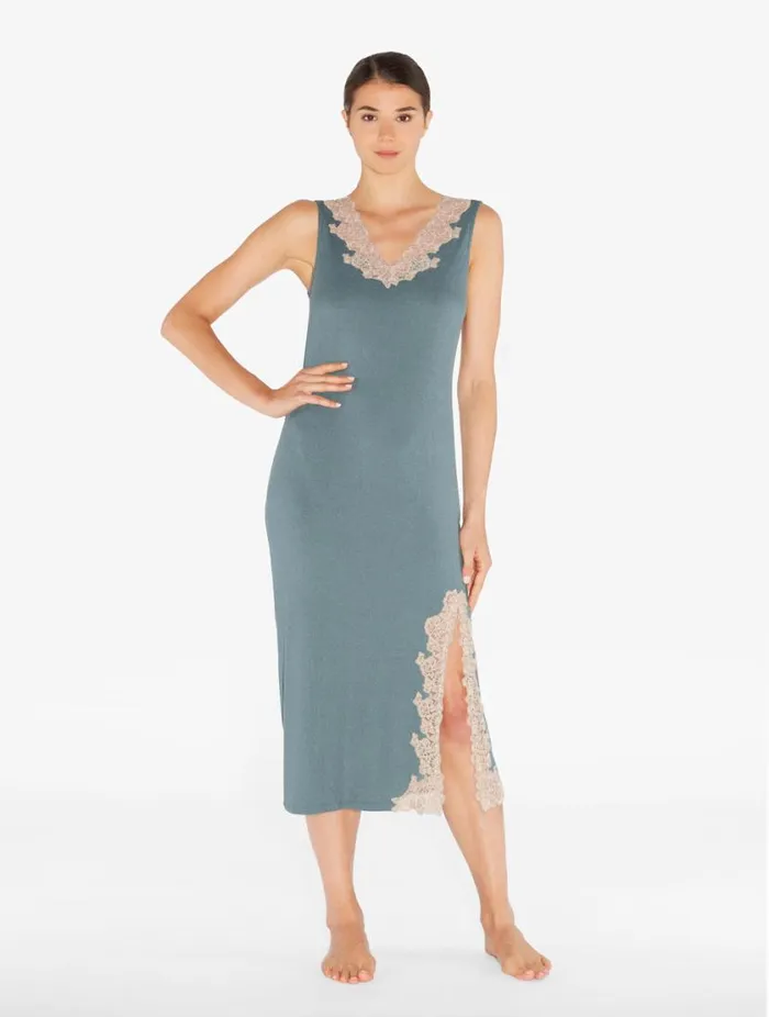 Long Cashmere Blend Ribbed Nightgown In Sleepy Dream With Frastaglio Sleepwear La Perla Pajamas