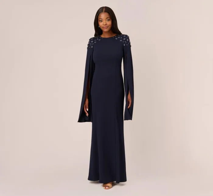 Long Dresses Womens Adrianna Papell Crepe Mermaid Gown With Beaded Cape Sleeves In Midnight Long Dresses Womens Adrianna Papell Crepe Mermaid Gown With Beaded Cape Sleeves In Midnight