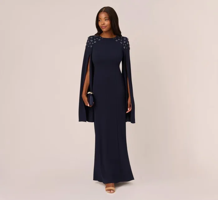 Long Dresses Womens Adrianna Papell Crepe Mermaid Gown With Beaded Cape Sleeves In Midnight