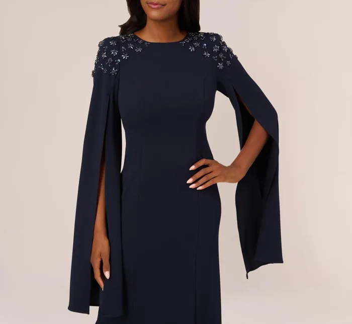 Long Dresses Womens Adrianna Papell Crepe Mermaid Gown With Beaded Cape Sleeves In Midnight