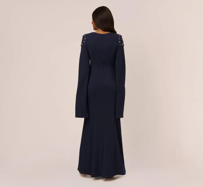 Long Dresses Womens Adrianna Papell Crepe Mermaid Gown With Beaded Cape Sleeves In Midnight
