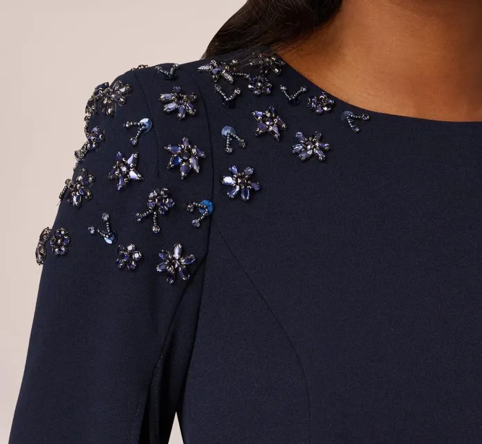 Long Dresses Womens Adrianna Papell Crepe Mermaid Gown With Beaded Cape Sleeves In Midnight