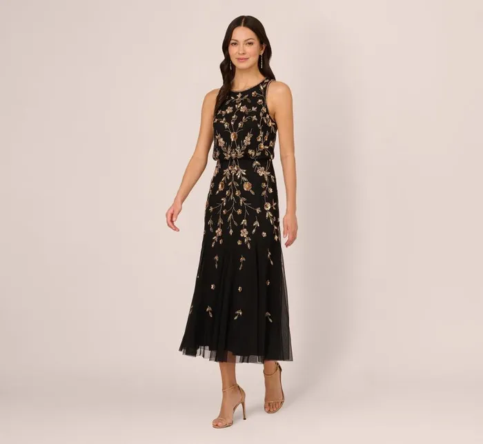 Long Dresses Womens Adrianna Papell Floral Beaded Blouson Tea Length Dress In Black Gold Long Dresses Womens Adrianna Papell Floral Beaded Blouson Tea Length Dress In Black Gold