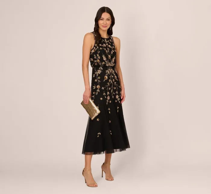 Long Dresses Womens Adrianna Papell Floral Beaded Blouson Tea Length Dress In Black Gold
