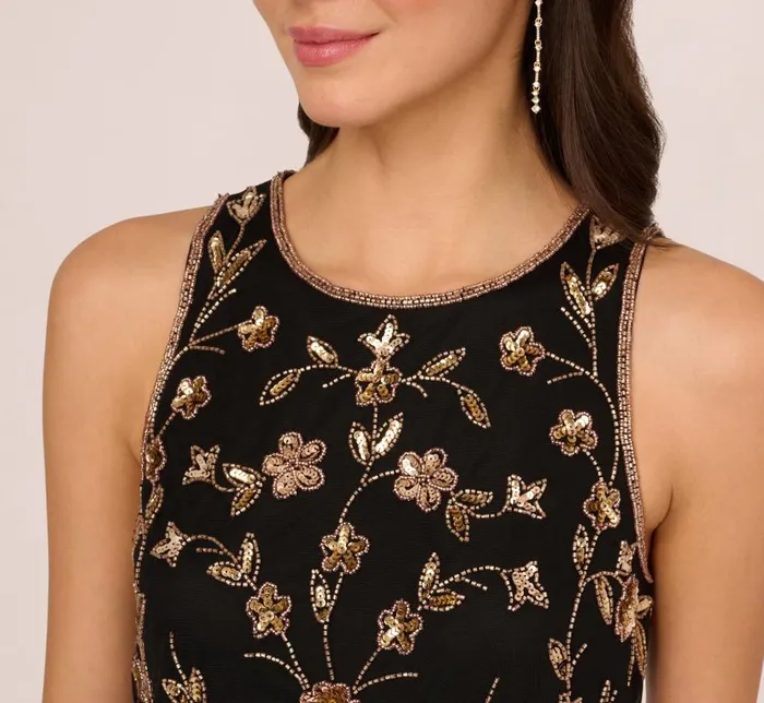 Long Dresses Womens Adrianna Papell Floral Beaded Blouson Tea Length Dress In Black Gold