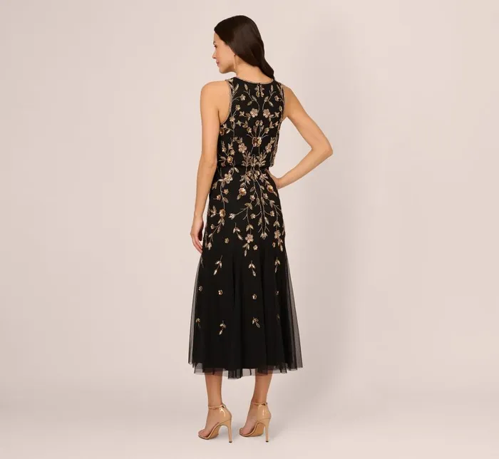 Long Dresses Womens Adrianna Papell Floral Beaded Blouson Tea Length Dress In Black Gold