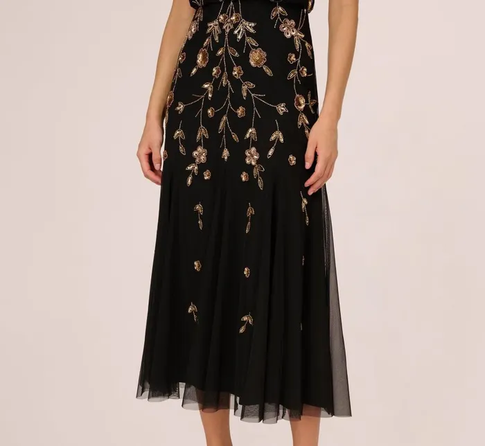 Long Dresses Womens Adrianna Papell Floral Beaded Blouson Tea Length Dress In Black Gold