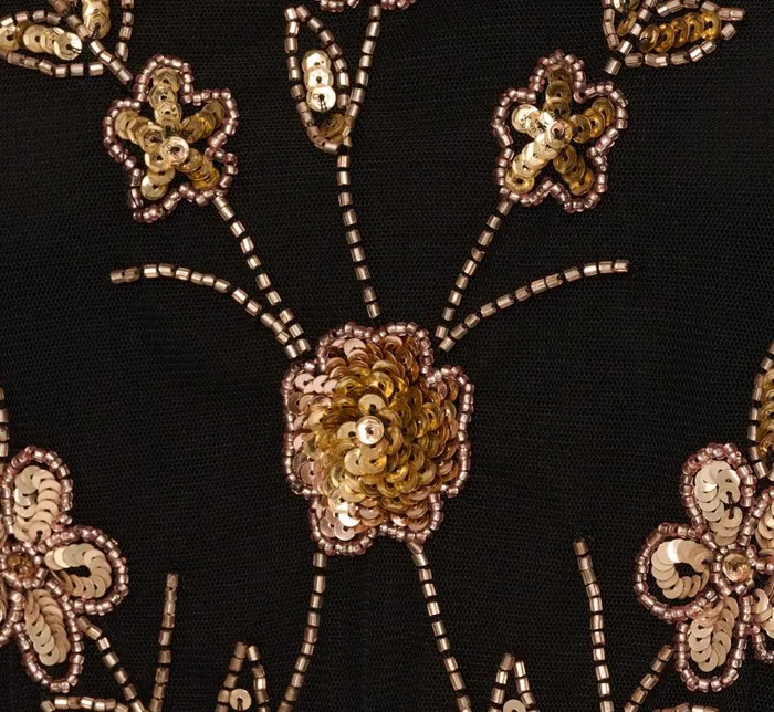 Long Dresses Womens Adrianna Papell Floral Beaded Blouson Tea Length Dress In Black Gold